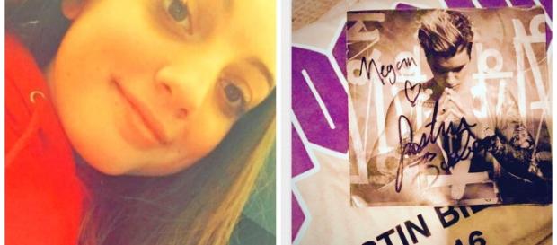 Fã de Justin Bieber, Megan Evans e seu presente autografado Fã de Justin Bieber, Megan Evans e seu presente autografado