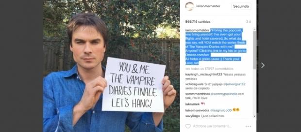 Ian Somerhalder em chamada para campanha em seu Instagram. Ian Somerhalder em chamada para campanha em seu Instagram.
