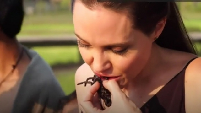 Angelina Jolie mentre mangia una tarantola (Credits: JustJared)