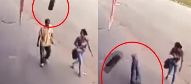Momento em que pneu atinge em cheio a cabeça do homem Momento em que pneu atinge em cheio a cabeça do homem