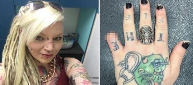 Na primeira imagem a jovem que tem inúmeras tatuagens e piercings pelo corpo, já na segunda a foto da mão com o dedo já sem a parte distal. Na primeira imagem a jovem que tem inúmeras tatuagens e piercings pelo corpo, já na segunda a foto da mão com o dedo já sem a parte distal.