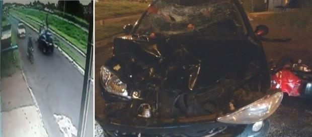 Na imagem o carro envolvido no acidente e a motocicleta totalmente destruídos. Na imagem o carro envolvido no acidente e a motocicleta totalmente destruídos.