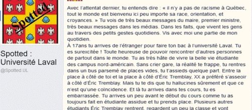 À lire sans modération, la page de Spotted sur Facebook : ''après l'attentat de la mosquée de Québec, tu entends dire..."