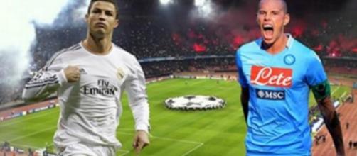 A sinistra Cristiano Ronaldo, stella dei blancos, a destra Marek Hamsik, capitano del Napoli.