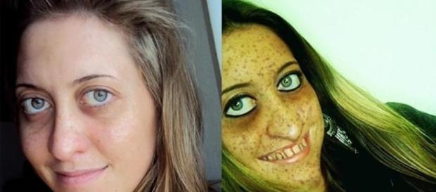 Selficídio - doenças da modernidade. Solange na imagem à esquerda aparece como realmente é; na direita, como ela se via Selficídio - doenças da modernidade. Solange na imagem à esquerda aparece como realmente é; na direita, como ela se via