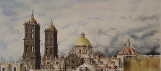 acuarela de la catedral de Puebla acuarela de la catedral de Puebla