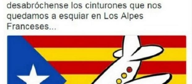 Uno de los tuits anticatalanes que inundaron Twitter cuando el accidente mortal de aviación de Germanwings. Uno de los tuits anticatalanes que inundaron Twitter cuando el accidente mortal de aviación de Germanwings.