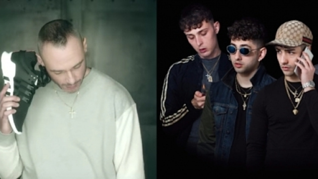 Fabri Fibra finge di telefonare con una scarpa nel video di 'Fenomeno'.