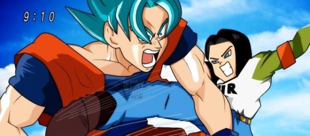 Androide 17 ataca a Goku en un entrenamiento de poder Androide 17 ataca a Goku en un entrenamiento de poder