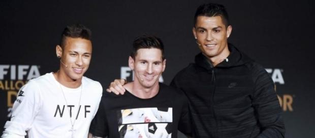 Neymar, Messi y Cristiano Ronaldo en la entrega del Balón de Oro Neymar, Messi y Cristiano Ronaldo en la entrega del Balón de Oro