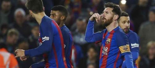 Leo Messi con su enigmático de la llamada, después de anotar su primer gol ante el Celta de Vigo