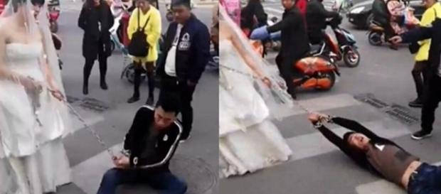 Noiva arrasta o noivo acorrentado pelas ruas depois que ele fugiu do casamento (Via: Portal Beleza) Noiva arrasta o noivo acorrentado pelas ruas depois que ele fugiu do casamento (Via: Portal Beleza)