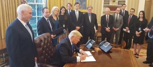 U.S. President Donald J. Trump authorizes the Dakota Access and Keystone XL pipelines in January (White House/Wikimedia Commons)