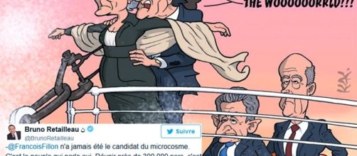 Caricature de "Monsieur Kak" pour L'Opinion. François Fillon dit s'appuyer sur le peuple (grossi au moins six fois par Bruno Retailleau)