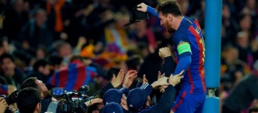 Messi celebrating the huge victory against PSG