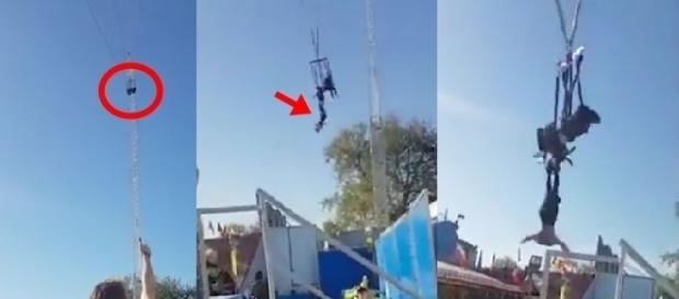 Nas imagens é possível ver a jovem presa no brinquedo prestes a cair. Nas imagens é possível ver a jovem presa no brinquedo prestes a cair.