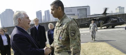 U.S. Secretary of State Rex Tillerson shakes hands with Gen. Vincent K. Brooks, United Nations Commander. Image taken by SFC Sean K. Harp