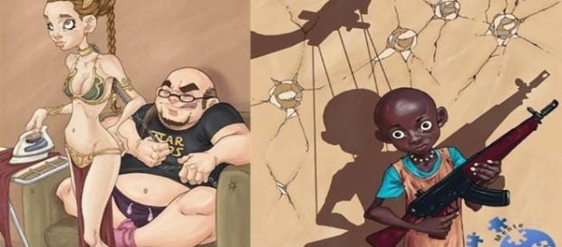 Duas ilustrações que refletem a sociedade atual. Duas ilustrações que refletem a sociedade atual.