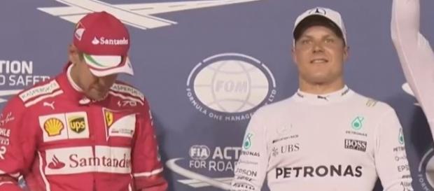 Beaming Bottas (white) with Vettel (red), Formula 1 Youtube channel https://www.youtube.com/watch?v=-Mlmqn3NrRc Beaming Bottas (white) with Vettel (red), Formula 1 Youtube channel https://www.youtube.com/watch?v=-Mlmqn3NrRc