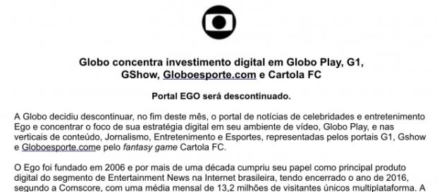 Grupo de mídia divulgou comunicado nesta segunda-feira (17). Grupo de mídia divulgou comunicado nesta segunda-feira (17).