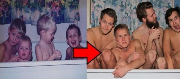 Foto de infância recriada. Com irmão e dois primos Foto de infância recriada. Com irmão e dois primos