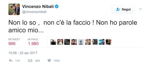 Il tweet di Vincenzo Nibali sull'amico scomparso