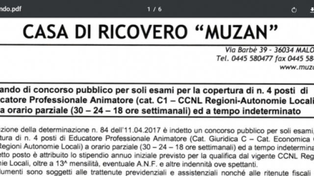 Concorso educatori Casa di Riposo Muzan, Vicenza