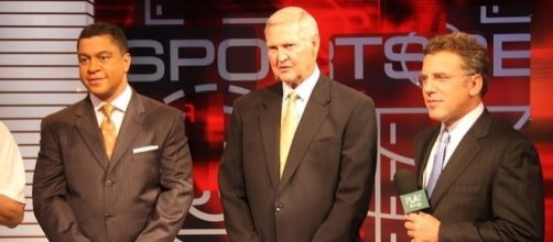 ESPN's Stan Verrett and Neil Everett flank retired NBA star Jerry West on an edition of Sportscenter in 2010. (Photo: Rob Poetsch/Wikimedia Commons)