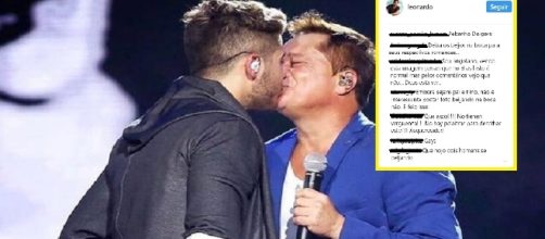 Leonardo beija o filho Zé Felipe na boca em show e internautas o chamam de gay