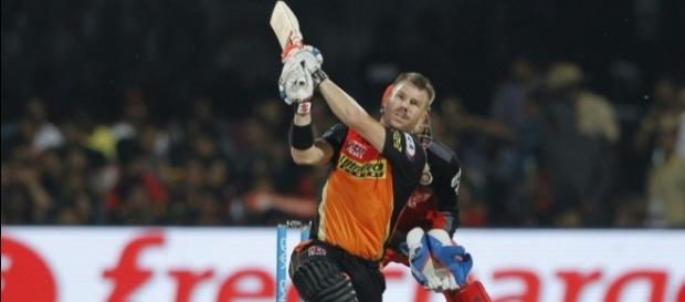 David Warner hits one out of the ground in the opening match of the 2017 Indian Premier League at Hyderabad on Wednesday. David Warner hits one out of the ground in the opening match of the 2017 Indian Premier League at Hyderabad on Wednesday.