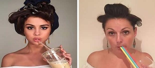 Mulher recria fotos de famosos de maneira bem-humorada Mulher recria fotos de famosos de maneira bem-humorada