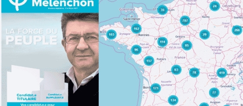 L'une des affiches officielles pour les législatives et la carte des groupes France insoumise