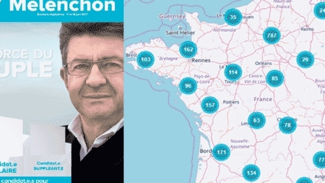 L'une des affiches officielles pour les législatives et la carte des groupes France insoumise