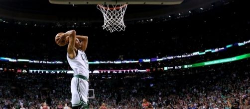 Avery Bradley goes for the slamdunk at The Garden. via nba.com