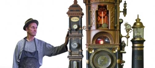 Roger woods creates clocks and whimsical sculptures out of found objects. / Photo via Roger Wood, used with permission.