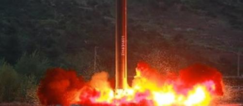 A test-fire of new ground-to-ground medium long-range strategic ballistic rocket Hwasong-12. Photo via Choson TV, YouTube.
