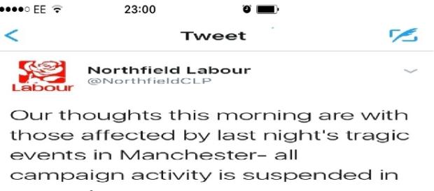 Northfield Labour have been caught campaigning, despite pledging not to in respect of the Manchester attacks Northfield Labour have been caught campaigning, despite pledging not to in respect of the Manchester attacks