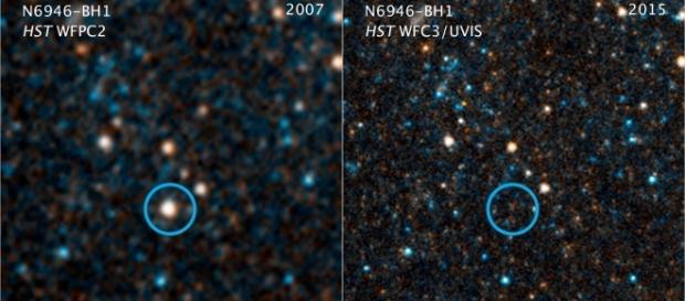 Hubble Space Telescope photos shows N6946-BH1 before and after it imploded to form a black hole. Credits: NASA, ESA, and C. Kochanek (OSU) Hubble Space Telescope photos shows N6946-BH1 before and after it imploded to form a black hole. Credits: NASA, ESA, and C. Kochanek (OSU)