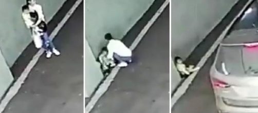 La scioccante sequenza delle immagini di una madre che in Cina ha abbandonato il figlio piccolo e indifeso in un parcheggio.