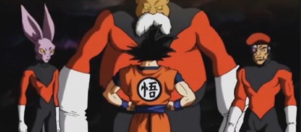 Goku reta a los integrantes del Universo 11. Goku reta a los integrantes del Universo 11.