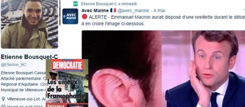 Photomontage : La revue Démocratie (Bayrougate) et la page Twitter de l'élu FN répercutant que Macron "aurait" disposé d'une oreillette...