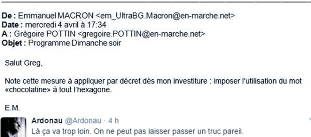 Un faux manifeste, plutôt cocasse et moqueur, trouvé sur la page Twitter #MacronLeaks (qui en contient d'autres) Un faux manifeste, plutôt cocasse et moqueur, trouvé sur la page Twitter #MacronLeaks (qui en contient d'autres)