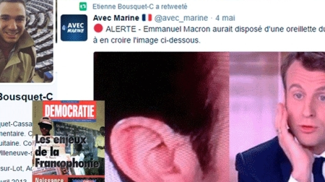 Photomontage : La revue Démocratie (Bayrougate) et la page Twitter de l'élu FN répercutant que Macron "aurait" disposé d'une oreillette...