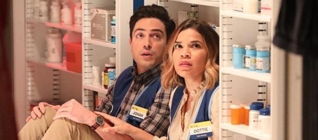 Moments before their kiss, Amy and Jonah were contemplating the thought of dying in a Cloud 9, surrounded by diarrhea medicine. (via SpoilerTV/NBC) Moments before their kiss, Amy and Jonah were contemplating the thought of dying in a Cloud 9, surrounded by diarrhea medicine. (via SpoilerTV/NBC)