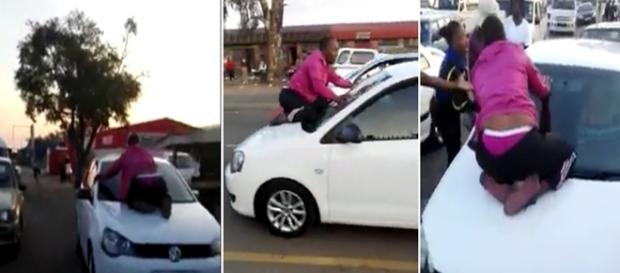Mulher pula em frente do carro de seu marido para tentar salvar seu casamento. Mulher pula em frente do carro de seu marido para tentar salvar seu casamento.