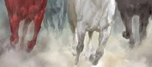 Os 4 cavaleiros do Apocalipse cavalgando, entre eles o cavalo descorado das doenças e morte Os 4 cavaleiros do Apocalipse cavalgando, entre eles o cavalo descorado das doenças e morte