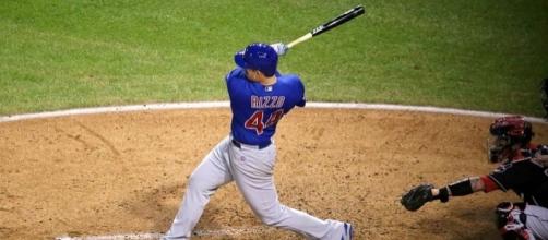 Cubs first baseman Anthony Rizzo swings at a pitch during World Series Game 7 - Arturo Pardavila III via Wikimedia Commons