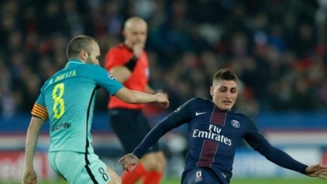 Marco Verratti in tackle su Iniesta