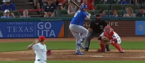 Morales (blue) is ready to hit, Youtube, MLB channel https://www.youtube.com/watch?v=Zc24SJmodiU