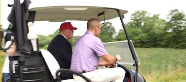 Trump has been filmed several times driving a golf cart on greens. Photo via CNN, YouTube. Trump has been filmed several times driving a golf cart on greens. Photo via CNN, YouTube.